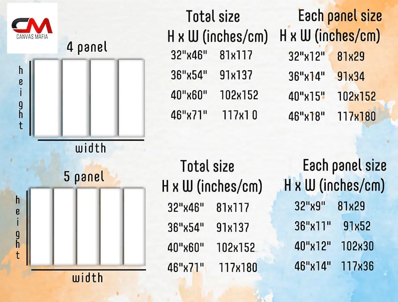 May include: A chart showing the different sizes of canvas prints available for 4 and 5 panel sets. The chart shows the total size of the print in inches and centimeters, as well as the size of each individual panel in inches and centimeters.