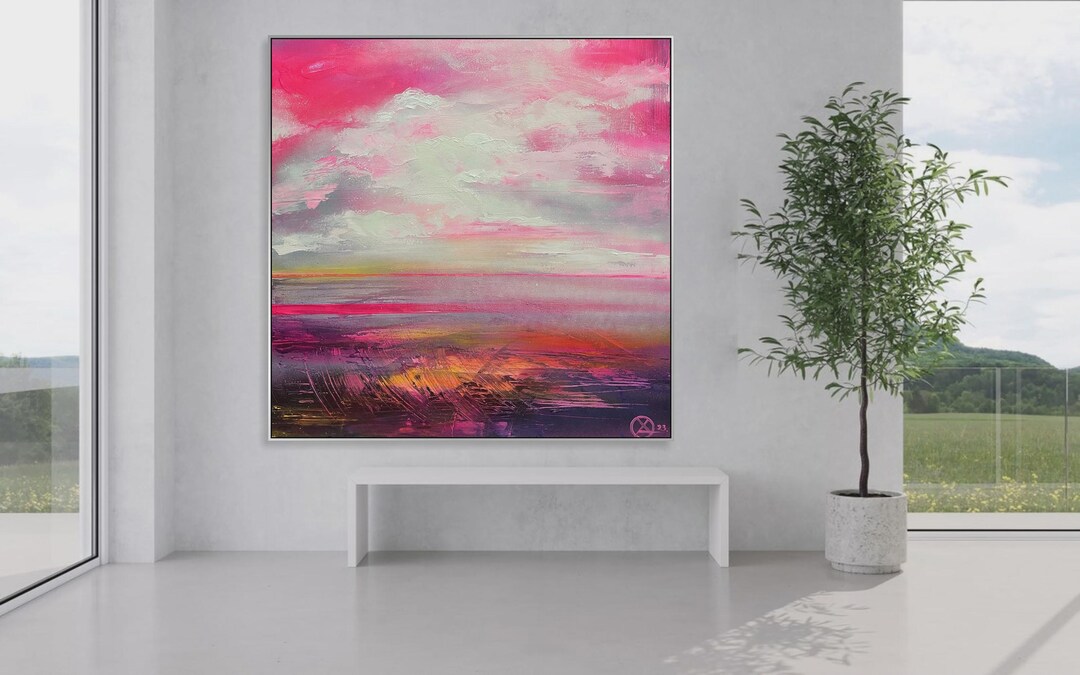 Large Abstract Seascape Painting Pink Sunset Ocean Horizon Textured ...