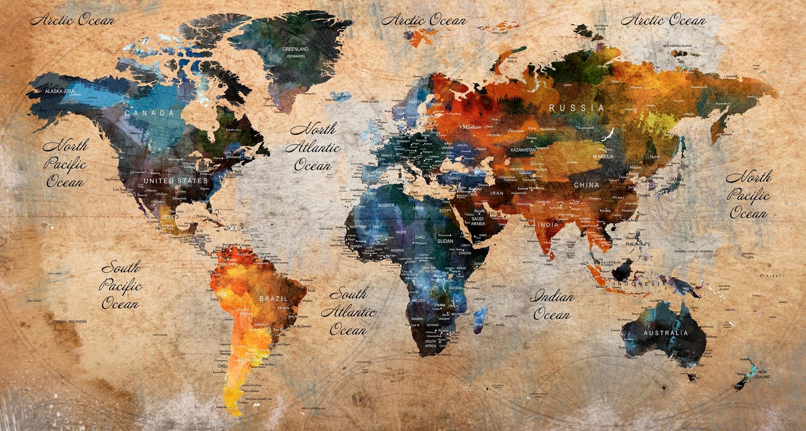 world map print extra large modern world map beige print map etsy