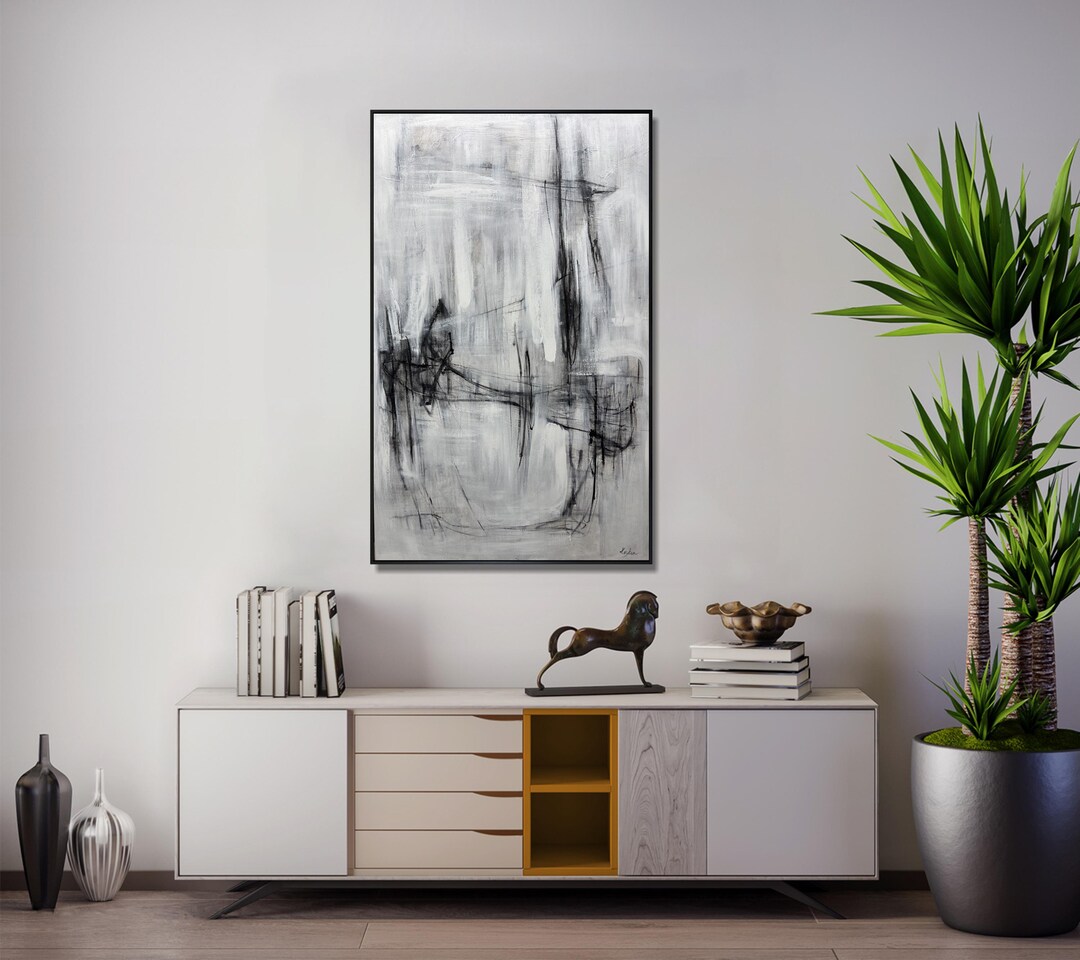 Large Black and White Line Abstract Wall Art Painting - Textured ...