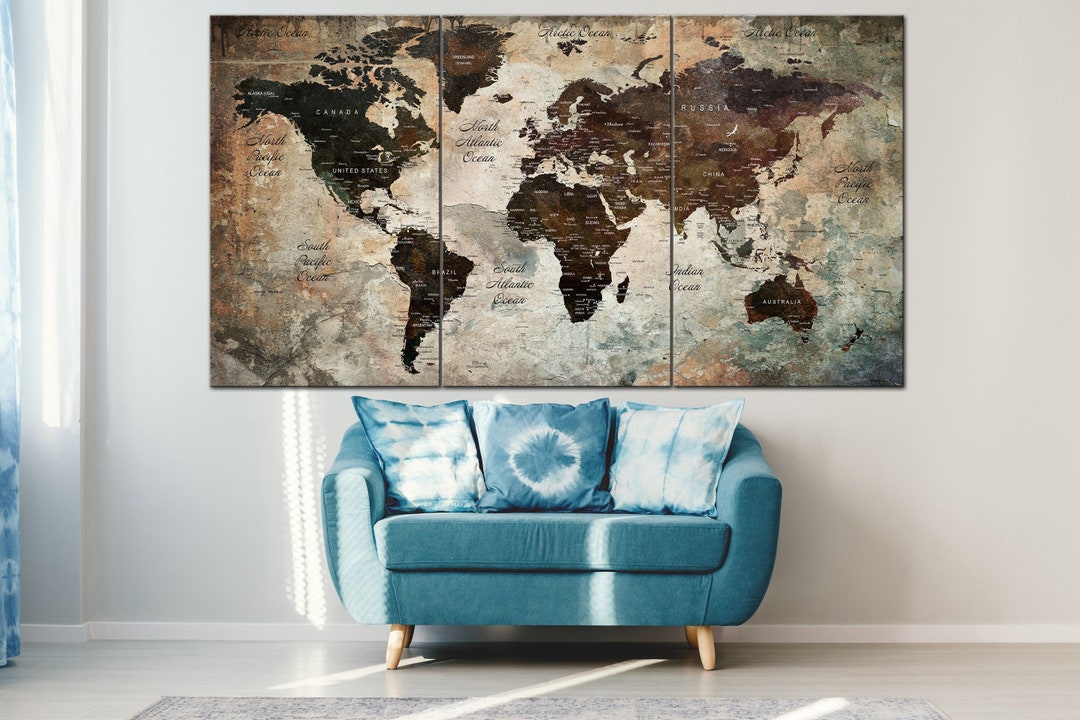 Vintage World Map Canvas Print: Push Pin Travel Tracker Wall Art - Etsy