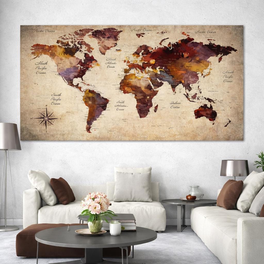 Large Vintage Brown World Map Push Pin Canvas, Rustic Travel Wall Art ...