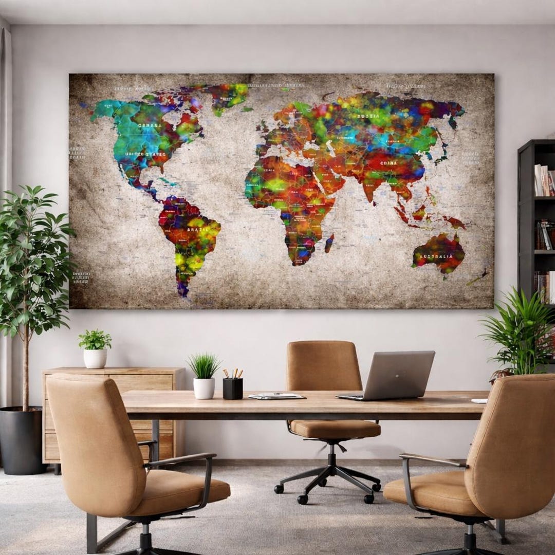 Push Pin World Map Canvas Print Colorful Travel Map Large Wall Art Gift ...