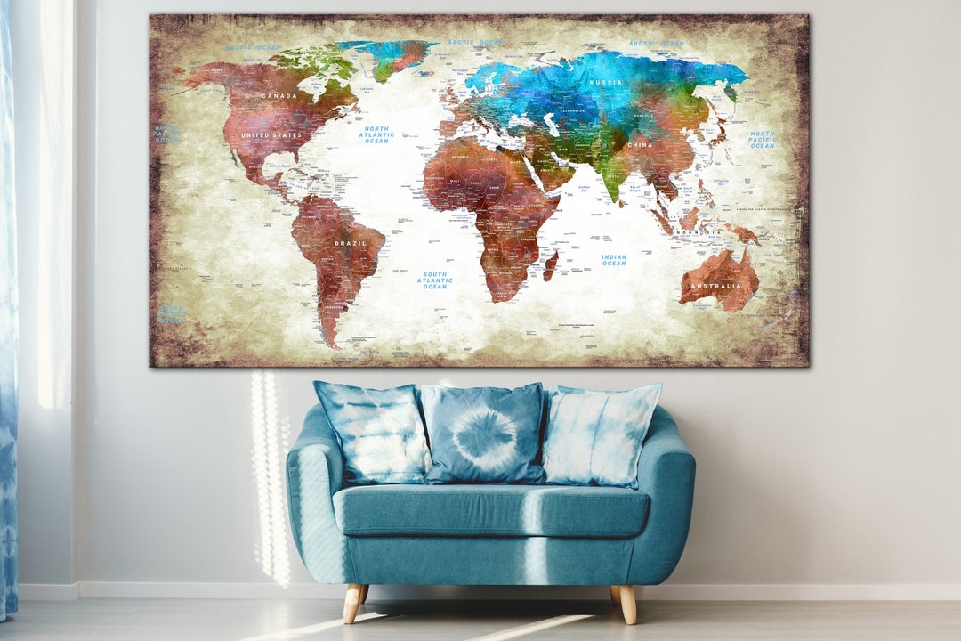 Vintage Push Pin World Maps Canvas Wall Art Old Stylize Colorful Map of ...