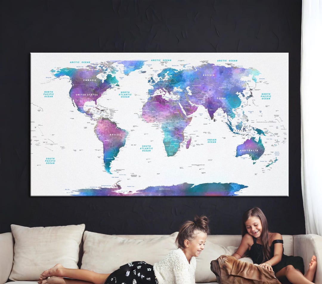 Large Watercolor World Map Canvas Print Teal Purple Travel Wall Art ...