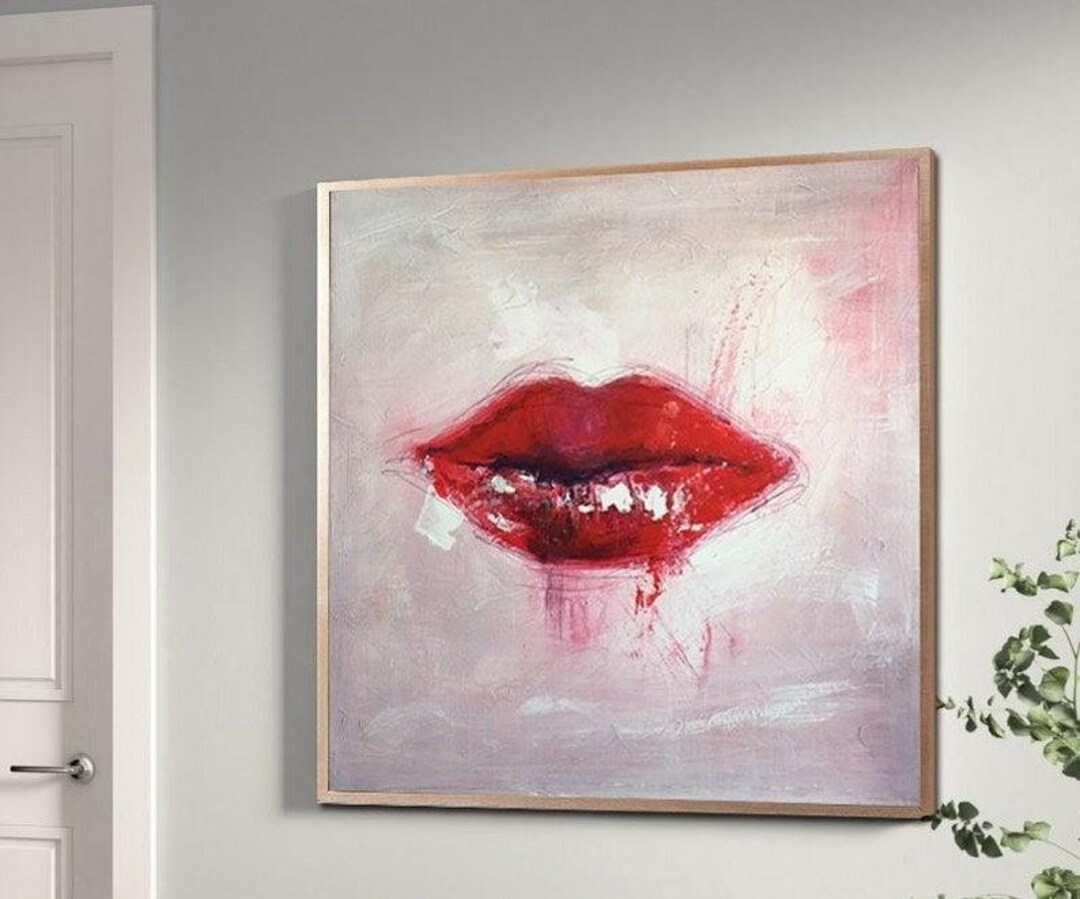 Original Abstract Red Lips Painting Modern Pink Minimalist Wall Art - Etsy