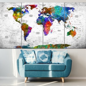 Stileer kleurrijke wereldkaart canvas muur kunst Kleurrijke reiskaart van de wereld aquarel muur kunst origineel modern kunstwerk decor voor kantoor