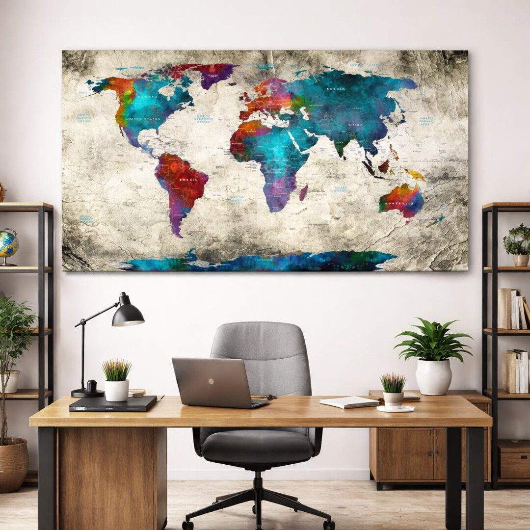 Large World Map Canvas Wall Art Colorful Watercolor Map Print, Travel ...