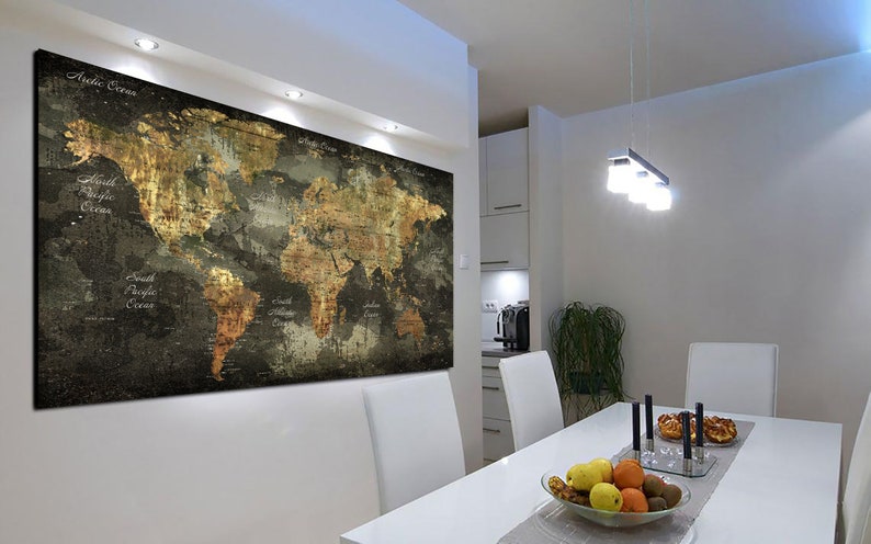 Großer Druck auf Leinwand Original Oversize Kunst exklusive Leinwand Dekor Weltkarte Kunst auf Leinwand Atlas Druck Bronze Weltkarte für Wohnzimmer Bild 2