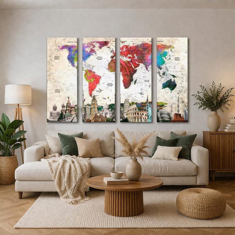 Large Colorful World Map Canvas Wall Art Travel Map Print for Living ...