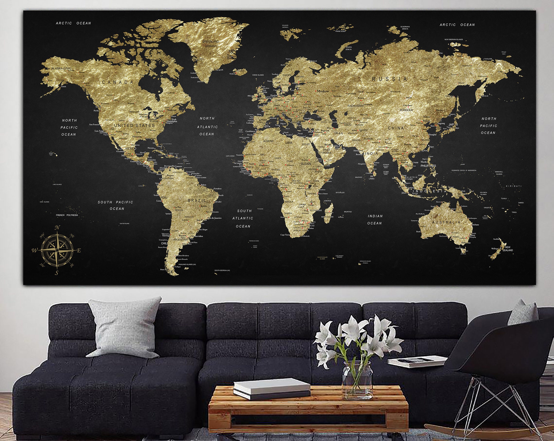 Modern World Map Wall Art World Map Print Luxury Modern Art World Map Black World Map | Etsy Singapore
