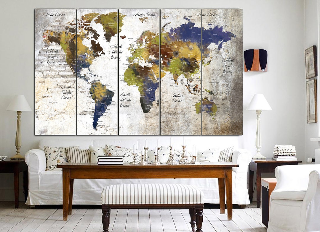 Extra Large World Map Canvas Print – Colorful Vintage Travel Wall Art ...
