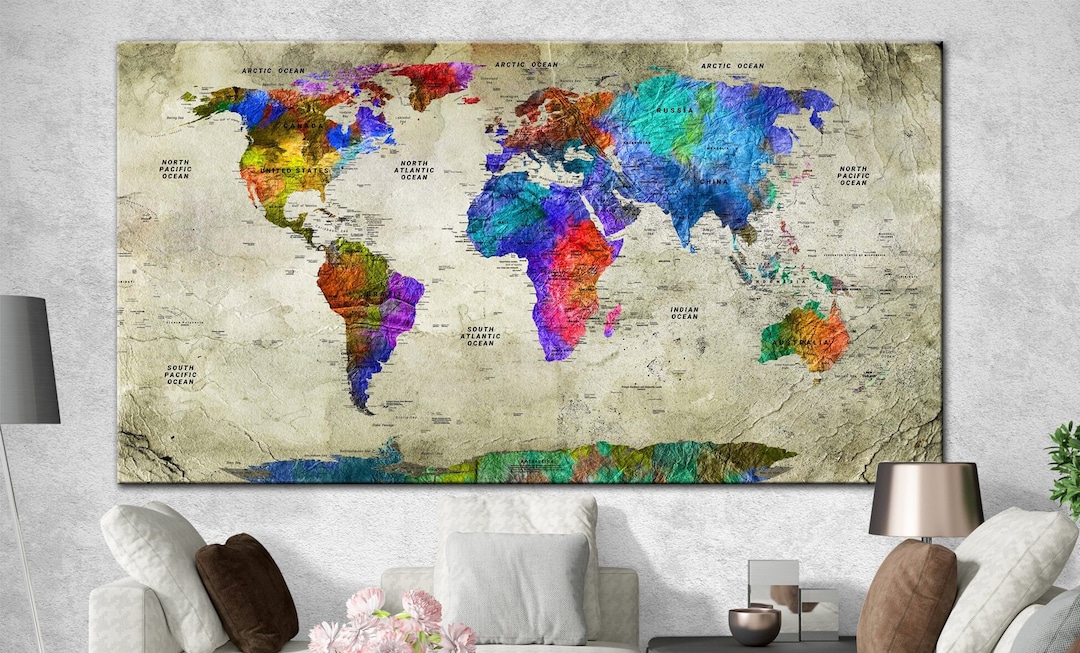 Large Canvas Beige World Map Multi Panel World Map Art Colorful Wall