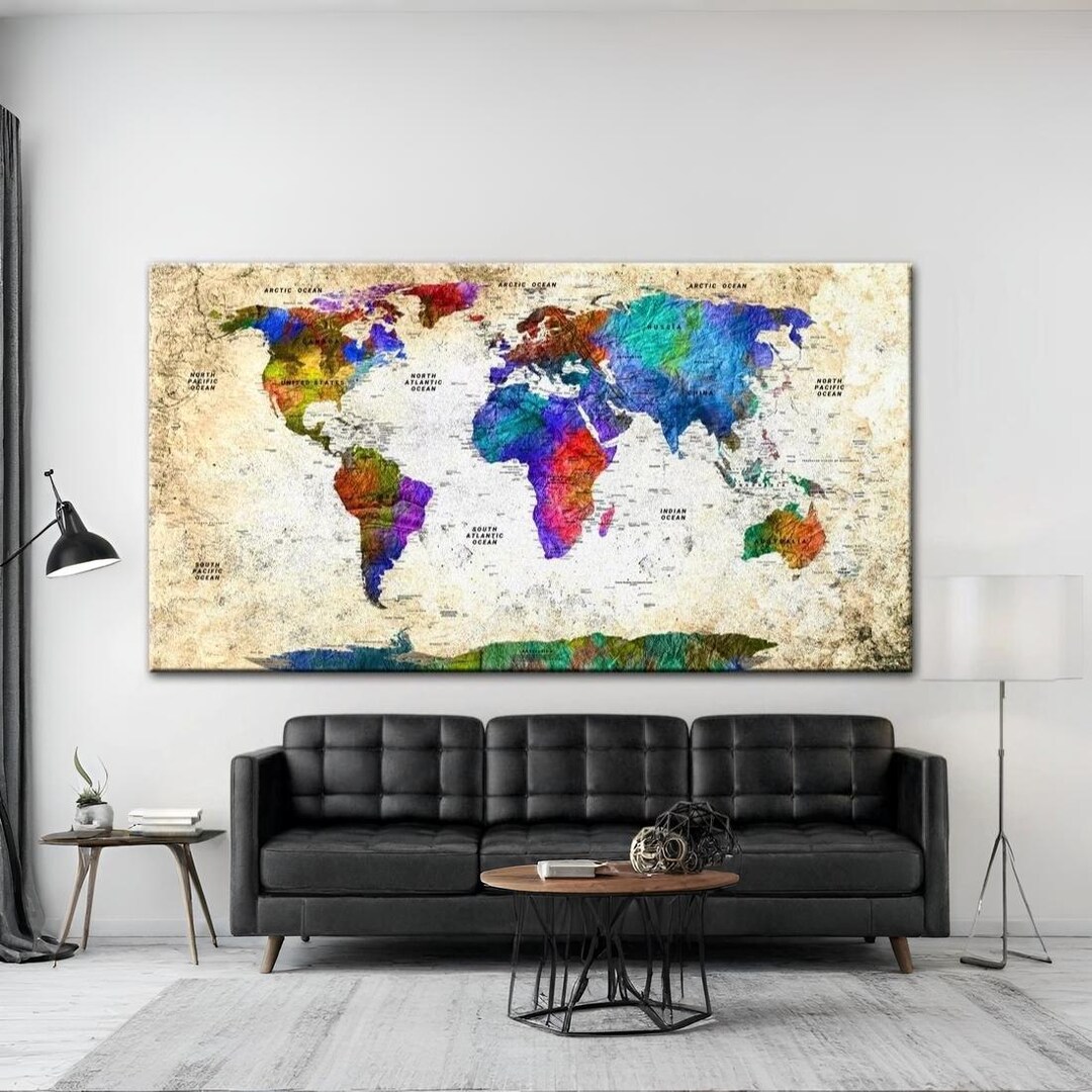 Large Colorful Vintage World Map Canvas Print Distressed Travel Wall ...