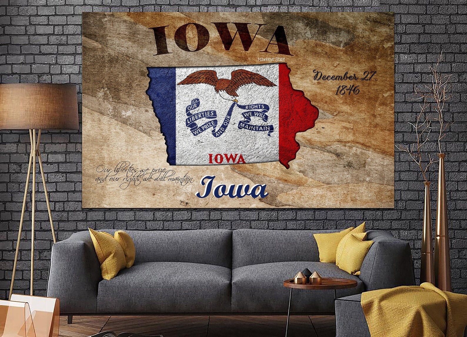 Iowa State Map Canvas Wall Art Iowa State Flag Wooden Etsy