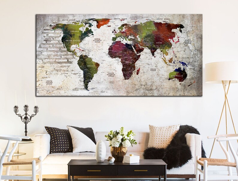 Large Colorful World Map Canvas Print, Travel Push Pin Wall Hanging ...