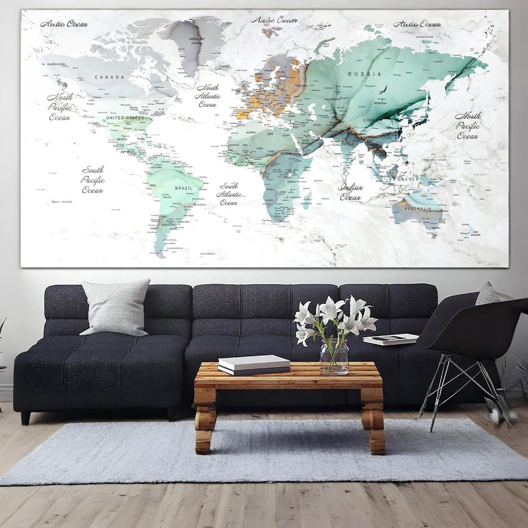 Large World Map Canvas Print – Green Watercolor Push Pin Travel Wall ...