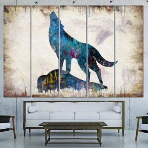 Originale Wolf Wall Art Canvas Howling Wolf Abstract Animal Colorful Wild Wolf Silhouette Multi Panel Art for Living Wallart Indie Room Decor immagine 2