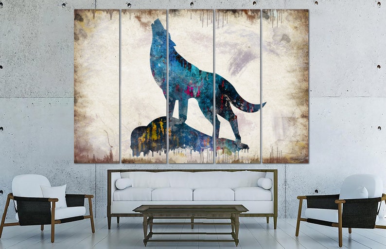 Originale Wolf Wall Art Canvas Howling Wolf Abstract Animal Colorful Wild Wolf Silhouette Multi Panel Art for Living Wallart Indie Room Decor immagine 2