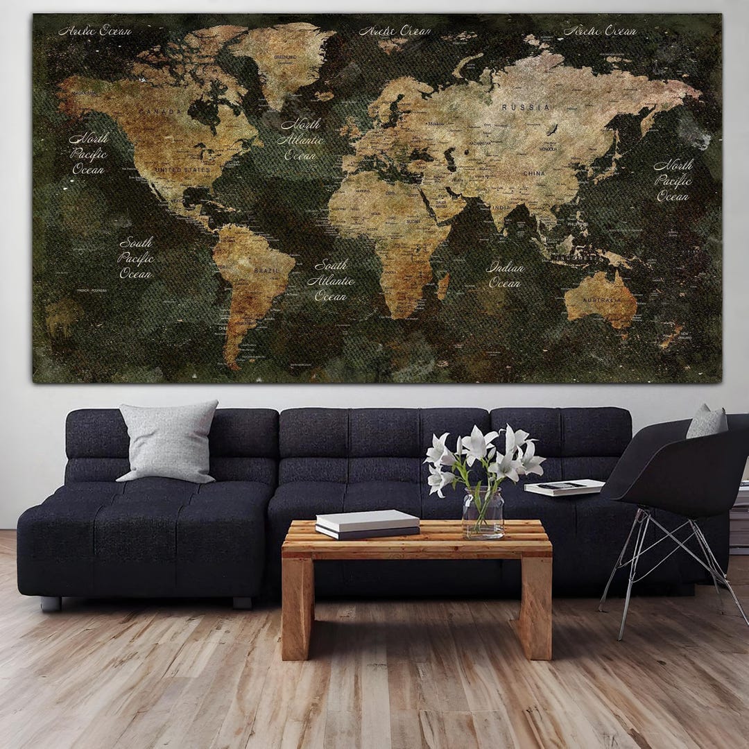 Large Vintage World Map Canvas – Rustic Earth Tone Travel Wall Art for ...