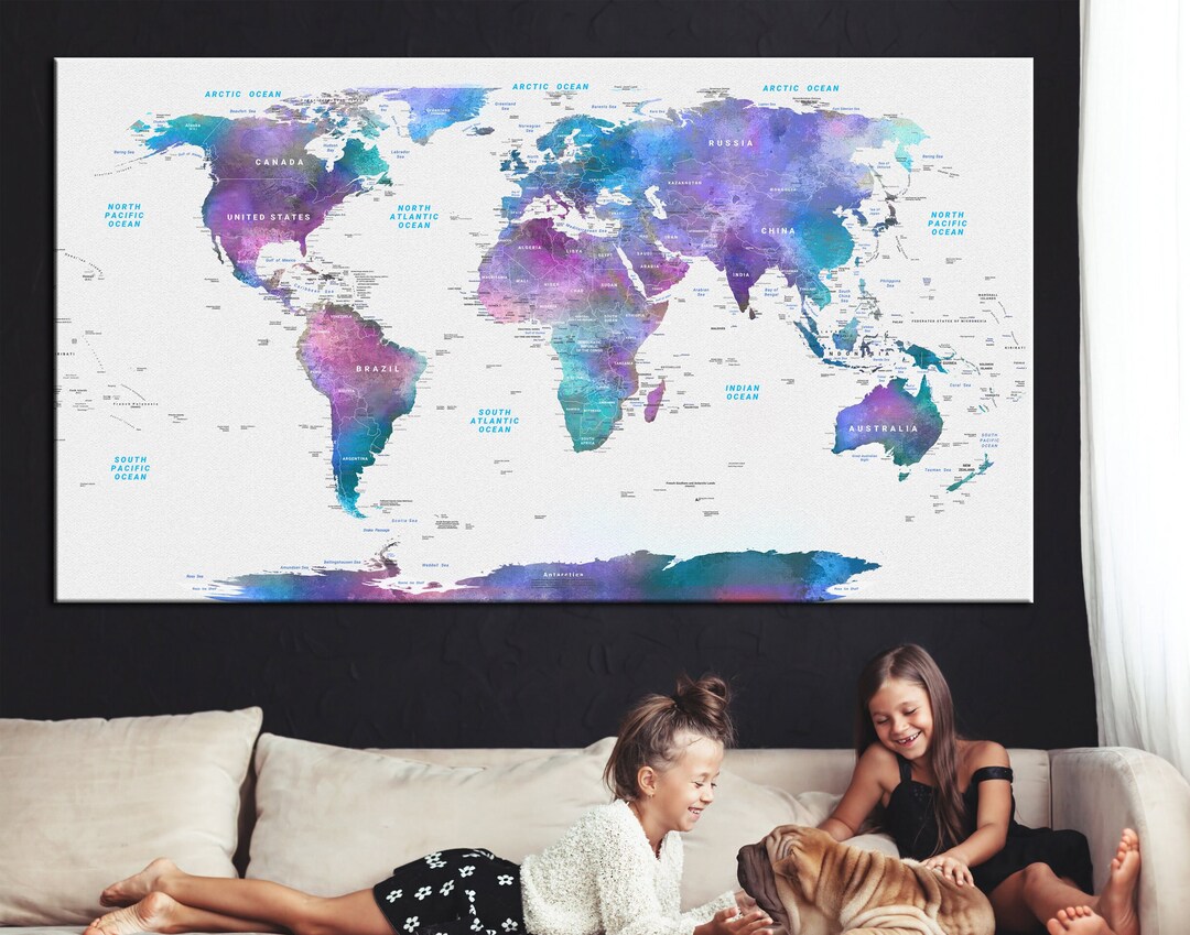 Watercolor World Map Canvas Print: Abstract Teal Purple Office Decor - Etsy