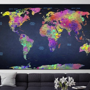 Wereldkaart afdrukken op canvas in marineblauwe kleuren Wereldkaart Multi Panel Print kleurrijke kaart van de wereld Muur opknoping decor voor woonkamer