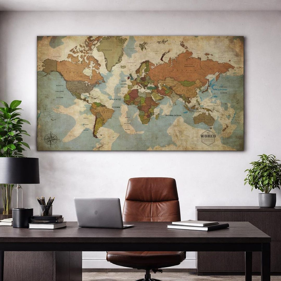 Large Vintage World Map Canvas Wall Art Multi Panel Travel Map Wall ...