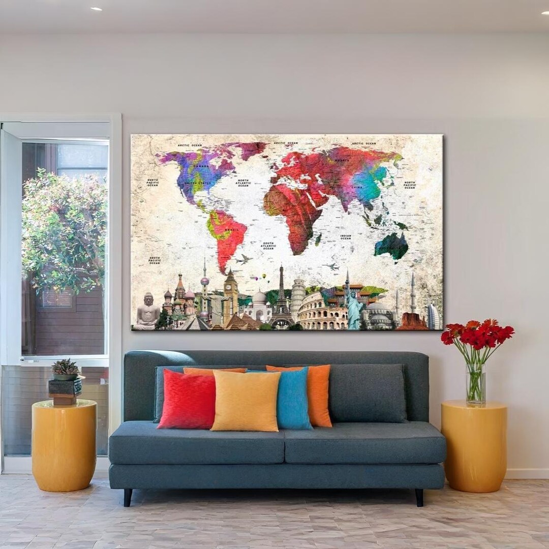 Large Colorful World Map Canvas Wall Art Travel Map Print for Living ...