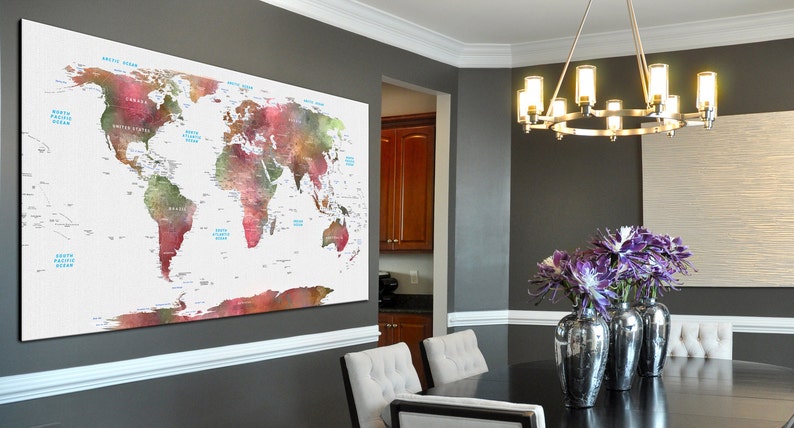 Large Watercolor World Map Canvas Print Colorful Continents Travel Wall ...