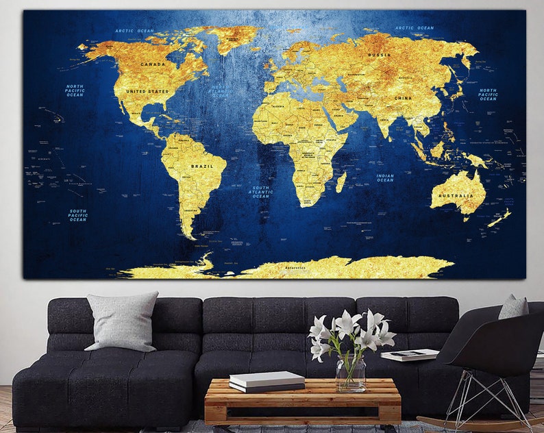 Push Pin World Map Wall Art Navy Blue Print Gold Map Art Multi Etsy
