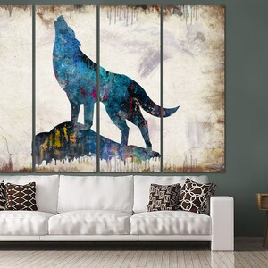 Originale Wolf Wall Art Canvas Howling Wolf Abstract Animal Colorful Wild Wolf Silhouette Multi Panel Art for Living Wallart Indie Room Decor immagine 3