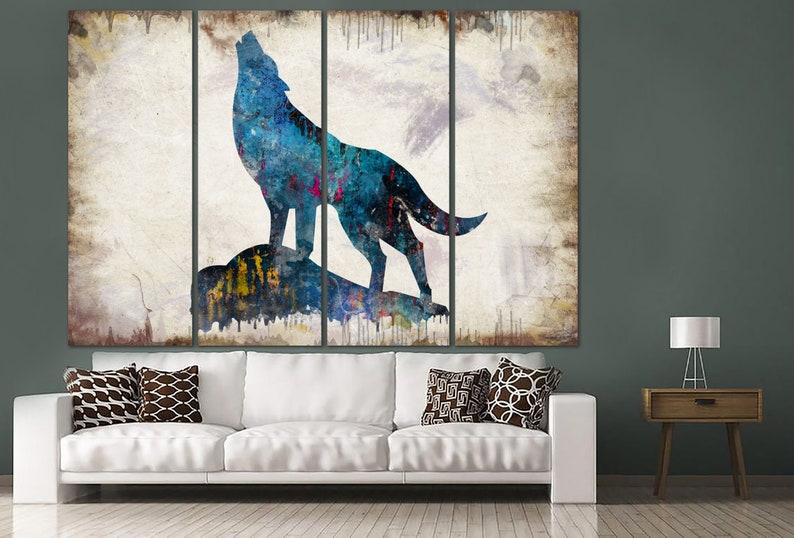 Originale Wolf Wall Art Canvas Howling Wolf Abstract Animal Colorful Wild Wolf Silhouette Multi Panel Art for Living Wallart Indie Room Decor immagine 3