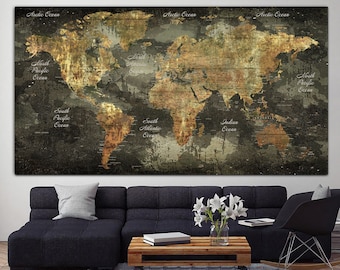 Large Print On Canvas Original Oversize Art Exclusive Canvas Decor World Map Art On Canvas Atlas Print Bronze World Map For Living Room