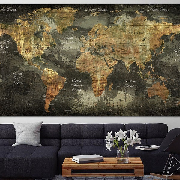 Large Print On Canvas Original Oversize Art Exclusive Canvas Decor World Map Art On Canvas Atlas Print Bronze World Map For Living Room