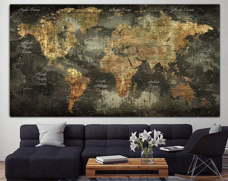 Großer Druck auf Leinwand Original Oversize Kunst exklusive Leinwand Dekor Weltkarte Kunst auf Leinwand Atlas Druck Bronze Weltkarte für Wohnzimmer Bild 1