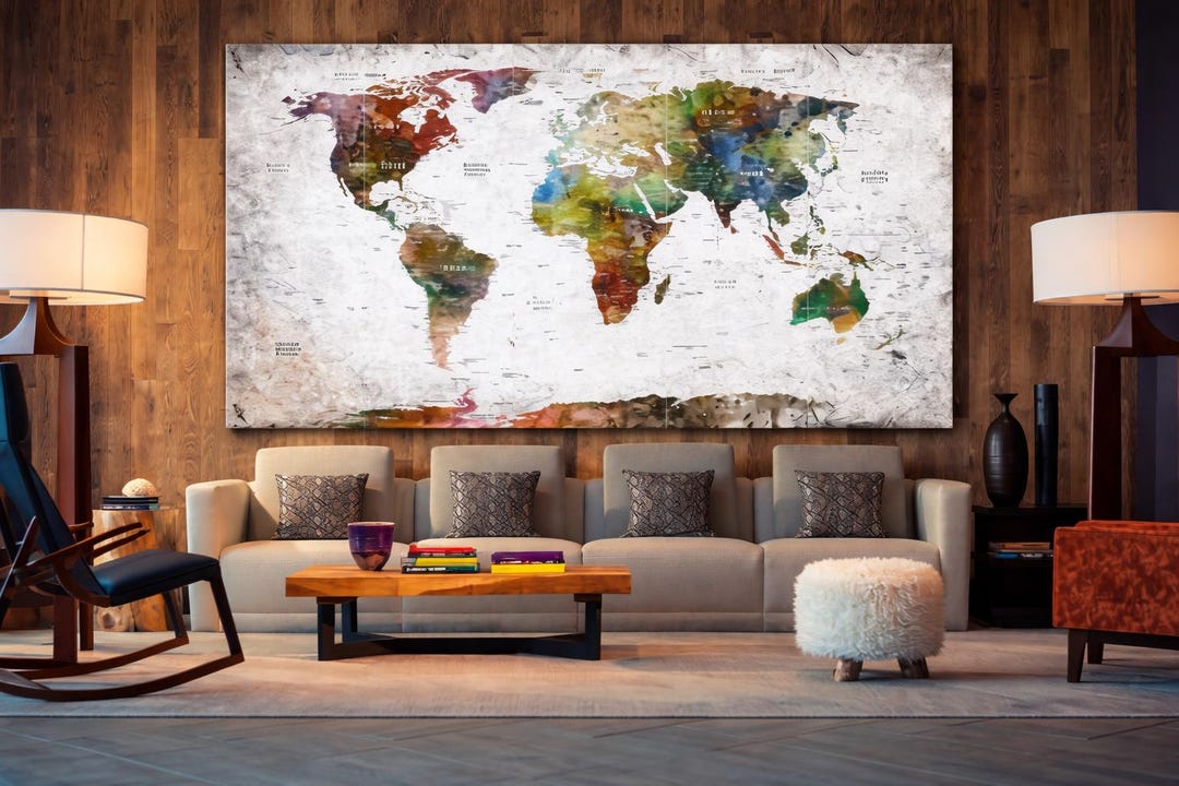 Large Colorful World Map Canvas Art, Modern Multi Panel Push Pin Travel ...