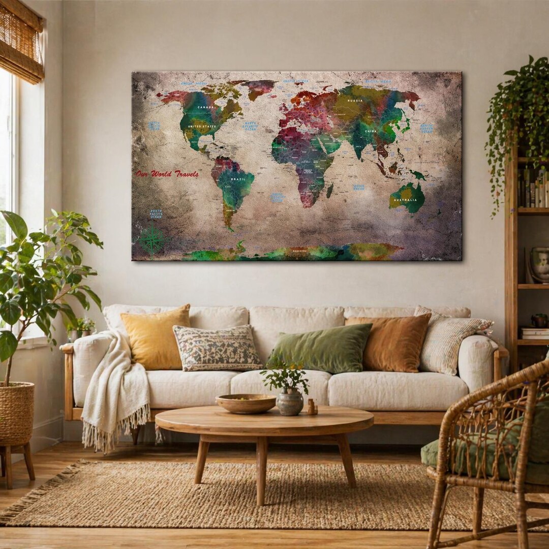 Large Vintage World Map Canvas Print Old Style Geography Wall Art ...