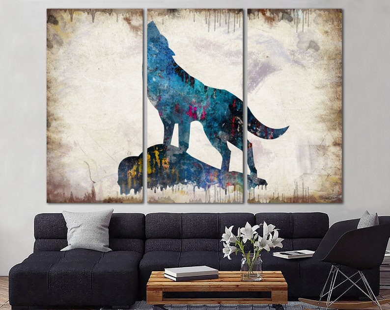 Originale Wolf Wall Art Canvas Howling Wolf Abstract Animal Colorful Wild Wolf Silhouette Multi Panel Art for Living Wallart Indie Room Decor immagine 1