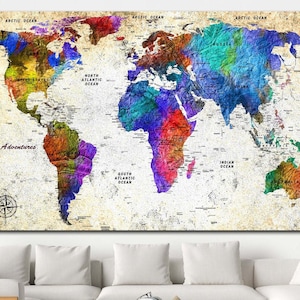 Carte du monde Imprimer sur toile Beige Carte Affiche Carte colorée du monde Art Mur Multi Panel Imprimer Carte éducative du monde Affiche