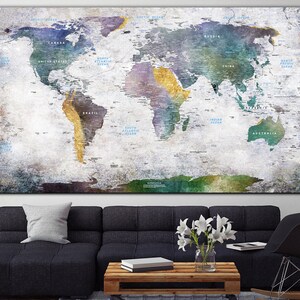 Très grande carte du monde moderne en toile, carte du monde sur fond gris, pays colorés, art mural de voyage pour salon