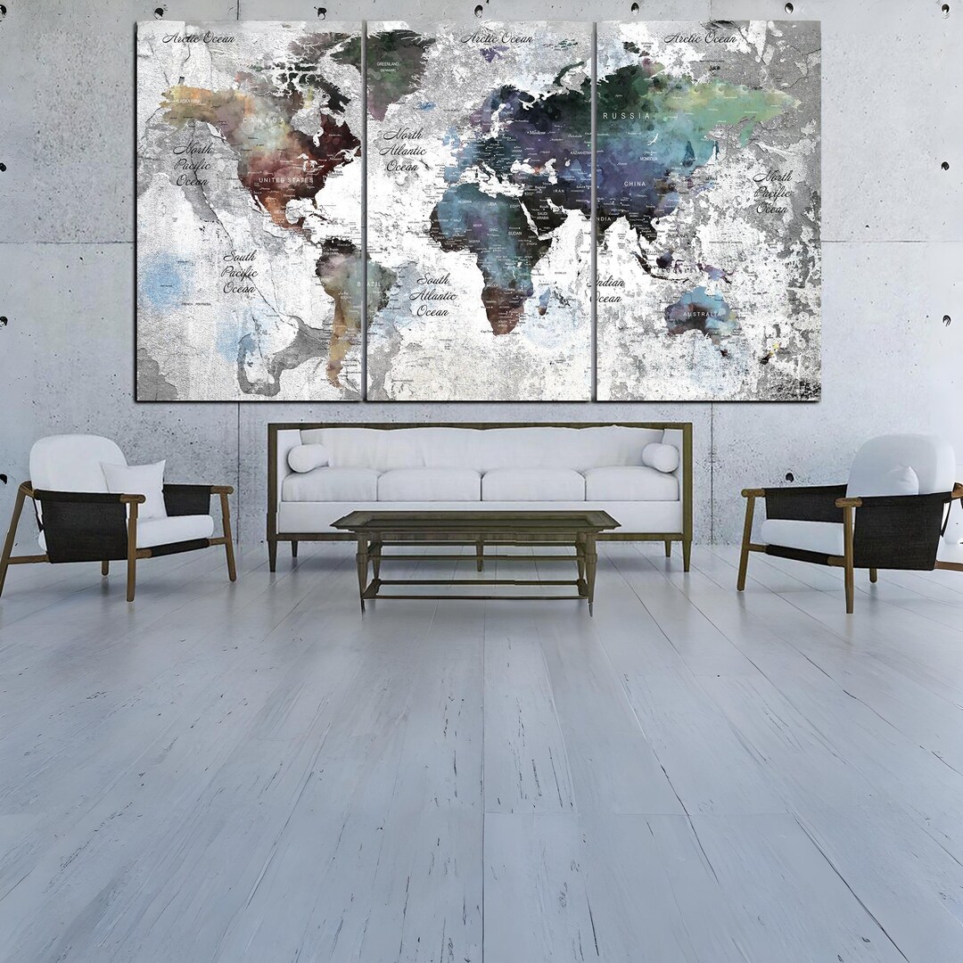 Large Watercolor World Map Canvas Print – Multi Panel Travel Wall Art ...