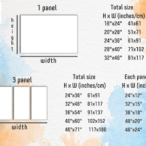 May include: Diagram showing different sizes for 1 and 3 panel canvas prints. The total size of the canvas print is listed in inches and centimeters. The diagram shows the height and width of the canvas print. The diagram also shows the size of each panel for a 3 panel canvas print.