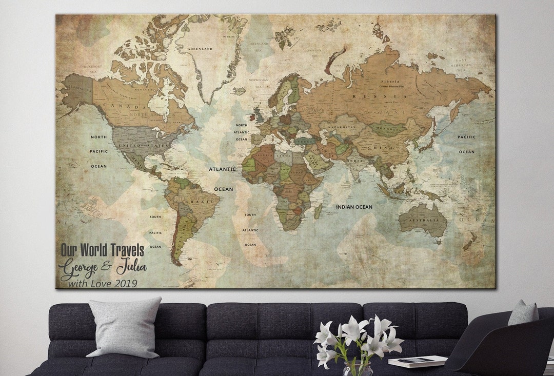 Antique Push Pin World Map Canvas: Travel Tracker Wall Art - Etsy Australia