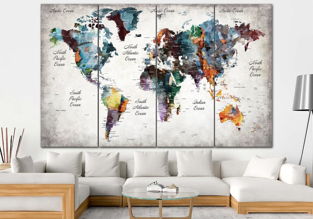 Colorful World Map Canvas Print, Multi Panel Stylized Modern Wall Art ...