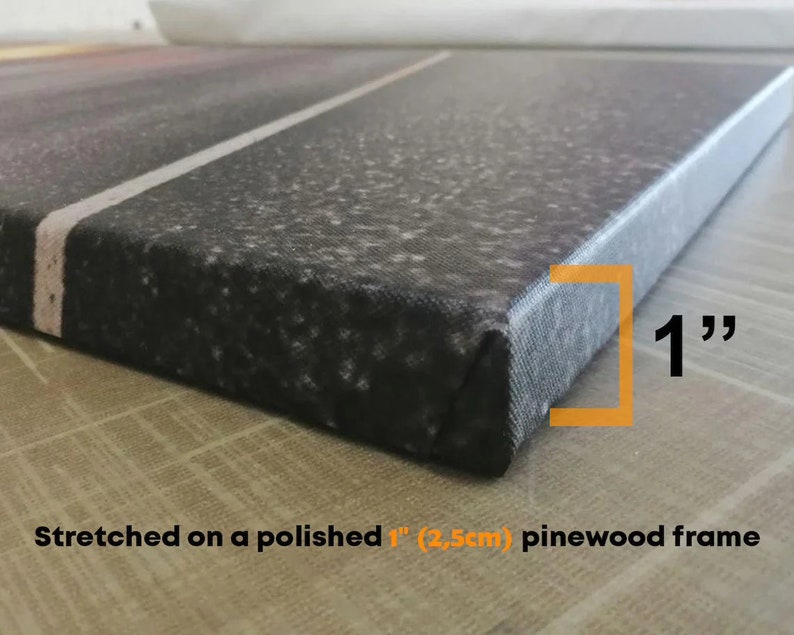 May include: Close-up of a black and white striped canvas stretched on a 1" (2.5cm) pinewood frame. The canvas is textured and has a slight sheen.