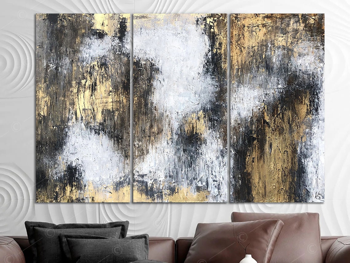 Large Original Abstract Grey and Gold Print on Canvas Textured Etsy