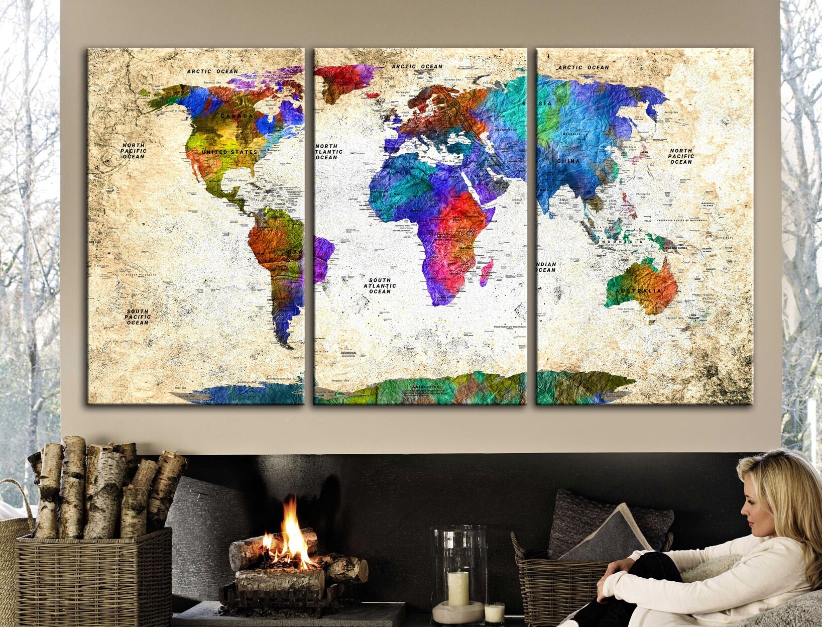 Colorful World Map Art Print, Vibrant Watercolor Travel Poster, Large ...