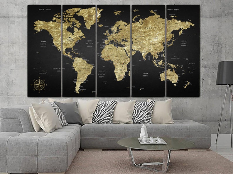 world map canvas push pin world travel map black and gold world map detailed world map print modern world map gold push pin map wall art degree21 giclee art collectibles