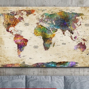 Push Pin Oude Beige Wereldkaart Canvas Wall Art Kleurrijke Kaart van de Wereld Moderne Multi Panel Print Educatief Decor voor woonkamer Muur Decor