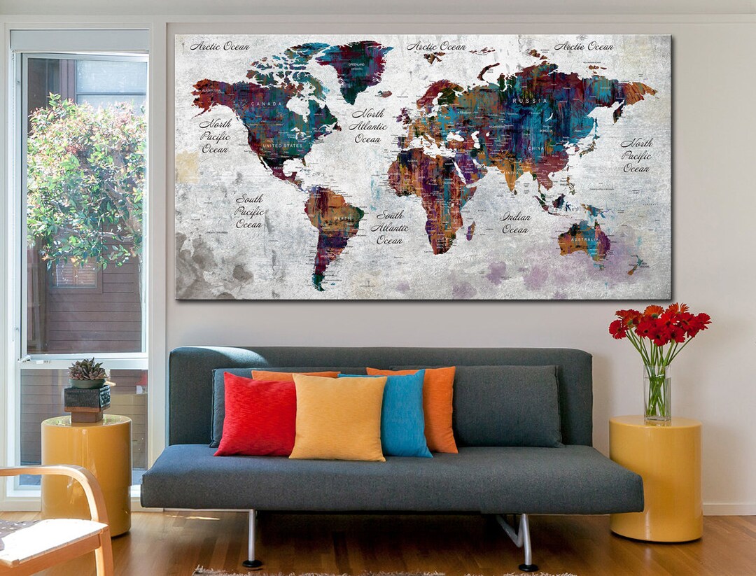 Large Colorful World Map Art Print on Canvas, Modern Geographical Wall ...